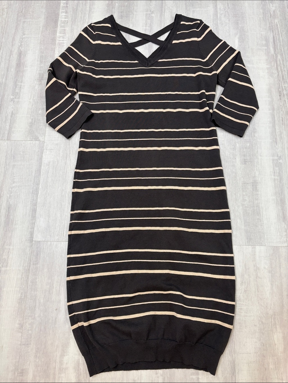 Pink Rose Dark Gray and Cream Striped V-Neck Midi Sweater Dress XLarge